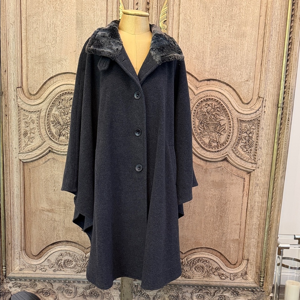 Classic Gray Wool Button-Front Cape with Faux Fur Collar from Ireland.
